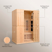 Infrared Home Sauna Room for 2 Persons Sauna Spa Room Hemlock Wood Infrared Sauna Cabin Dry Sauna with Full Spectrum Radiator, LED Light, Bluetooth, MP3, USB (2 Person Sauna Room) — infographic