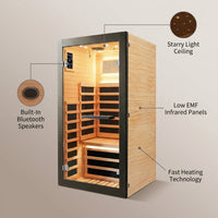 Infrared Sauna 1 Person Far Infrared Sauna Low EMF Indoor Sauna with Starry Light Ceiling Speakers Personal Dry Sauna for Home Gym Spa Fast Heating Easy Assembly 30.7X 30.7X62.2 — infographic
